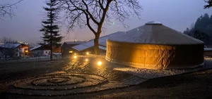 Tent at dusk, illuminated, quiet